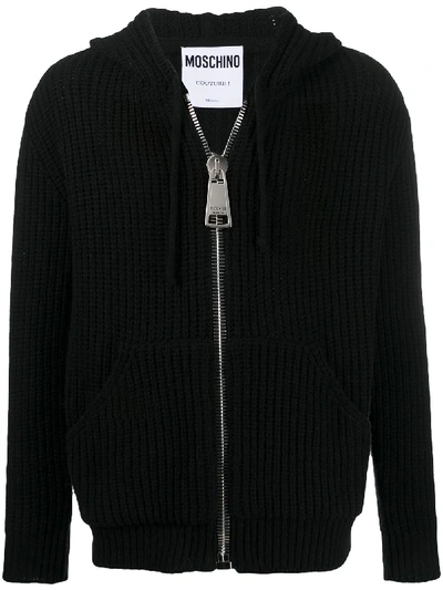 Shop Moschino Chunky Knit Hoodie In Black