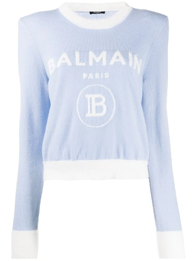 Shop Balmain Jacquard-logo Shoulder-pad Jumper In Blue