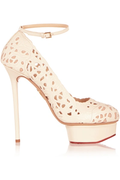 Charlotte Olympia Scribble Dolores Laser-cut Leather Platform Pumps In White