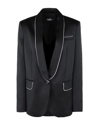 Shop Karl Lagerfeld Satin Blazer W/ Piping Woman Suit Jacket Black Size 4 Polyester