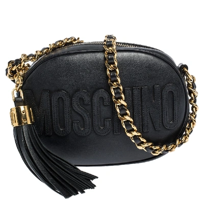 Pre-owned Moschino Black Leather Logo Oval Crossbody Bag