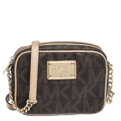 Pre-owned Michael Kors Dark Brown/beige Signature Coated Canvas And Leather Mini Camera Crossbody Bag