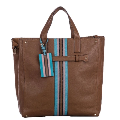 Pre-owned Valentino Garavani Brown/blue Leather Rockstud Stripe Satchel Bag
