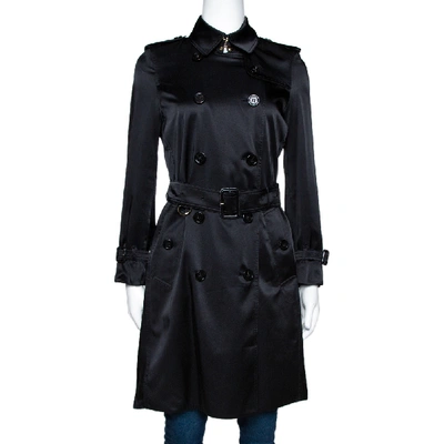 Pre-owned Burberry Black Silk Belted Kensington Trench Coat Xs
