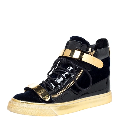 Pre-owned Giuseppe Zanotti Blue/gold Velvet And Leather Coby High Top Sneakers Size 37