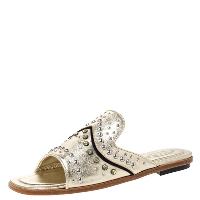 Pre-owned Tod's Metallic Gold Leather Studded Flat Slides Size 37.5