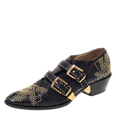 Pre-owned Chloé Black Leather Suzanna Studded Double Buckle Detail Loafers Size 40