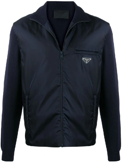 Shop Prada Logo-plaque Knitted-sleeve Bomber Jacket In Blue