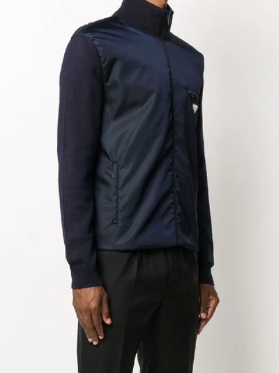 Shop Prada Logo-plaque Knitted-sleeve Bomber Jacket In Blue