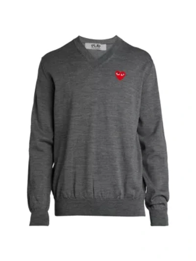 Shop Comme Des Garçons Play Play V-neck Cotton Sweater In Grey