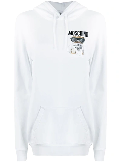 Shop Moschino Teddy Logo Embroidered Hoodie In White