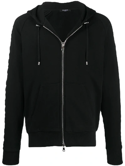 Shop Balmain Embossed Logo-panel Zipped Hoodie In Black