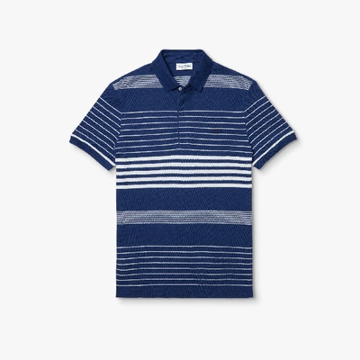 Shop Lacoste Men's Striped Linen And Cotton Regular Fit Polo Shirt In Navy Blue,white