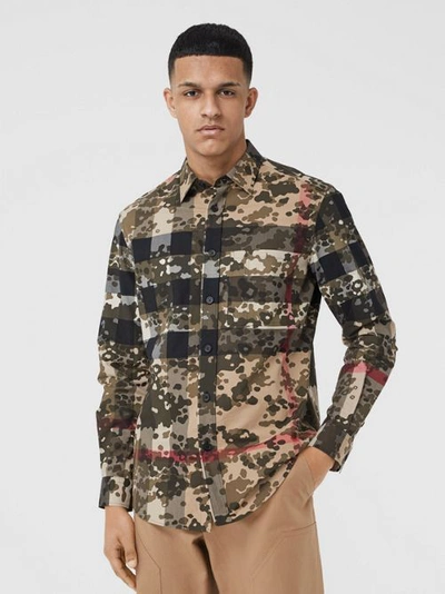 Burberry Criston Checked Camo-print Cotton-blend Shirt In Beige