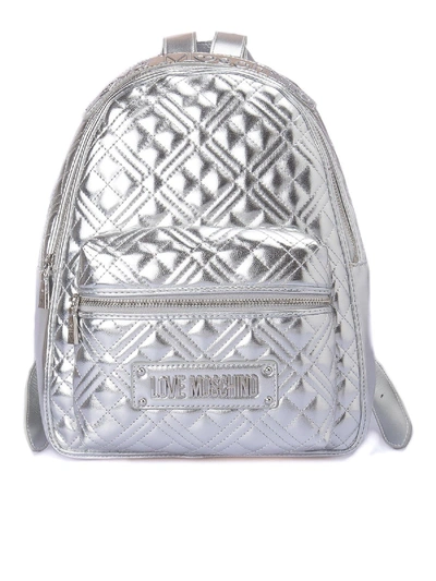 Shop Love Moschino Quilted Faux Leather Backpack In Silver Color
