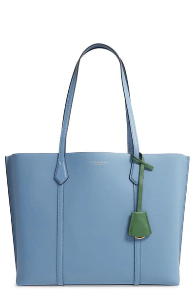 Shop Tory Burch Perry Leather Tote In Bluewood