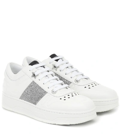 Shop Jimmy Choo Hawaii/f Glitter-trimmed Leather Sneakers In White