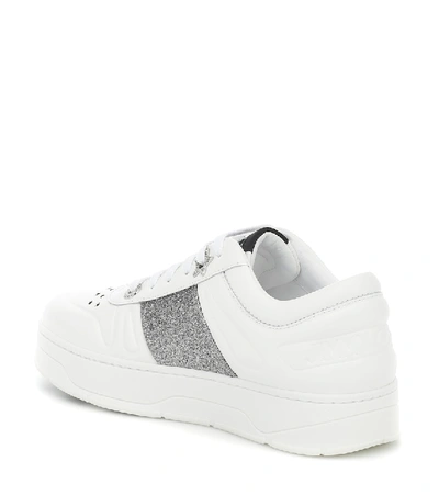 Shop Jimmy Choo Hawaii/f Glitter-trimmed Leather Sneakers In White