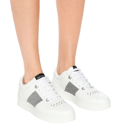 Shop Jimmy Choo Hawaii/f Glitter-trimmed Leather Sneakers In White