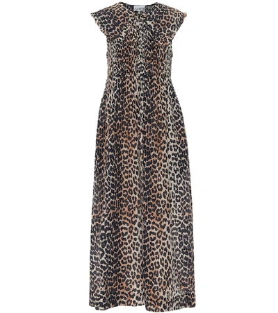 Shop Ganni Leopard-print Cotton And Silk Midi Dress In Brown