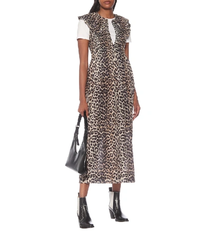 Shop Ganni Leopard-print Cotton And Silk Midi Dress In Brown