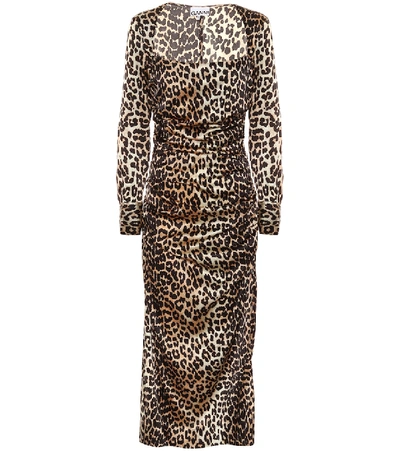 Shop Ganni Leopard-print Stretch Silk-satin Midi Dress In Brown