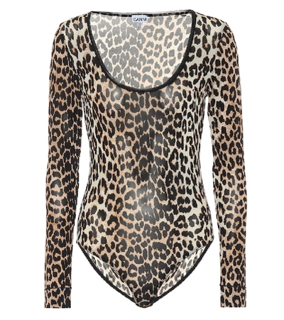 Shop Ganni Leopard-print Bodysuit In Brown