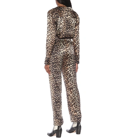 Shop Ganni Leopard-print Stretch Silk-satin Pajama Pants In Brown