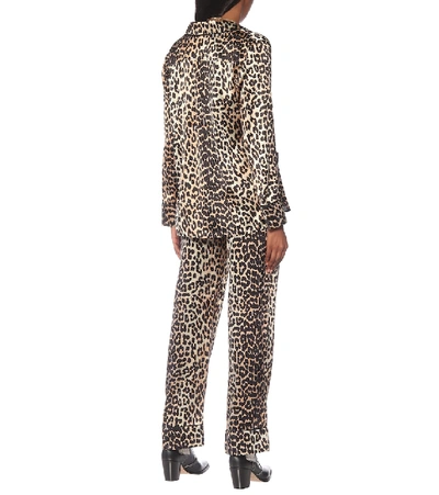 Shop Ganni Leopard-print Stretch Silk-satin Pajama Shirt In Brown