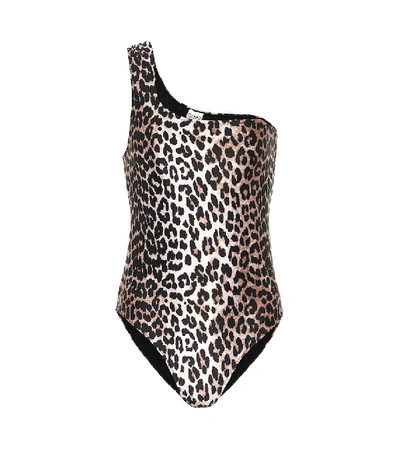 Shop Ganni Leopard-print One-shoulder Swimsuit In Brown