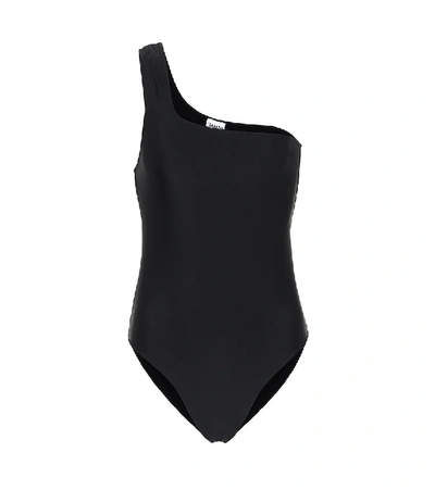 Shop Ganni One-shoulder Swimsuit In Black