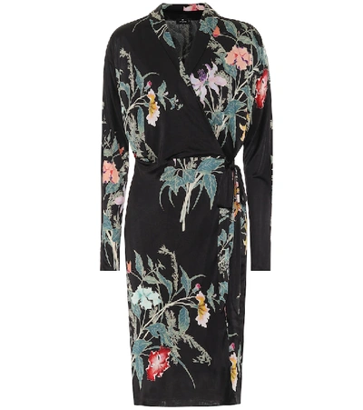 Shop Etro Floral Jersey Wrap Dress In Black