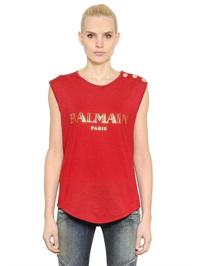 Balmain Button-embellished Printed Cotton-jersey Top In Red/gold
