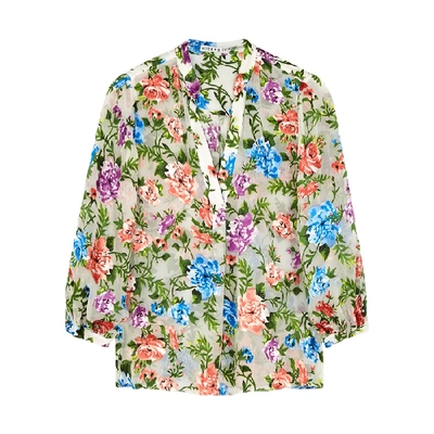 Shop Alice And Olivia Shiela Floral Devoré Blouse In Blue