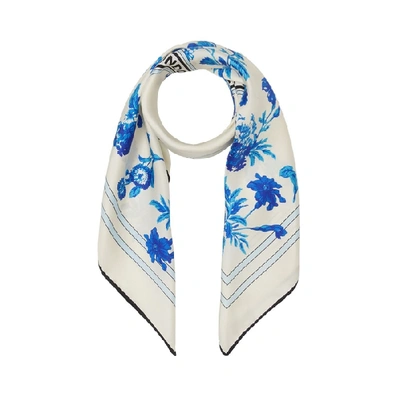 Shop Burberry Floral And Logo Graphic Silk Square Scarf In Pale Blue