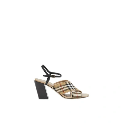 Shop Burberry Latticed Cotton And Leather Block-heel Sandals In Archive Bege/ Black