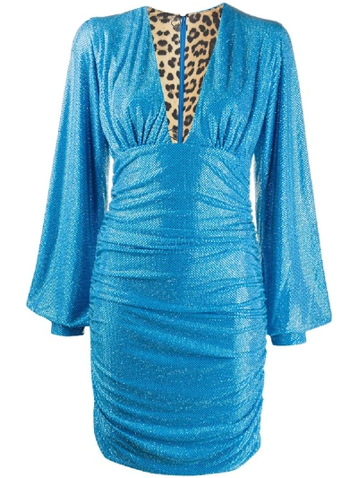 Shop Philipp Plein Embellished Ruched Mini Dress In Blue