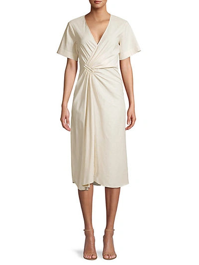 Shop A.l.c Ruched Linen-blend Faux Wrap Dress In Adriatic