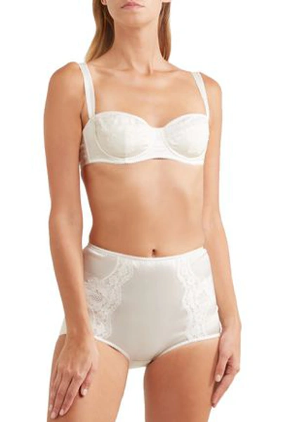 Shop Dolce & Gabbana Lace-appliquéd Stretch-silk Satin High-rise Briefs In Ivory