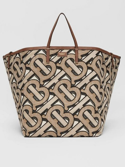 Shop Burberry Extra Large Embroidered Monogram Cotton Beach Tote In Dark Beige