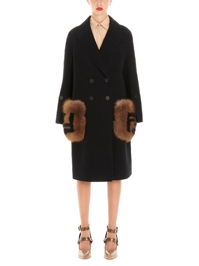 FENDI: coat with fur pockets and FF logo - Black