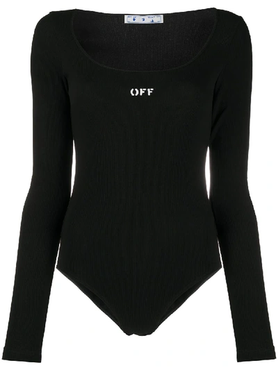 Shop Off-white Logo Print Ribbed Bodysuit In Black