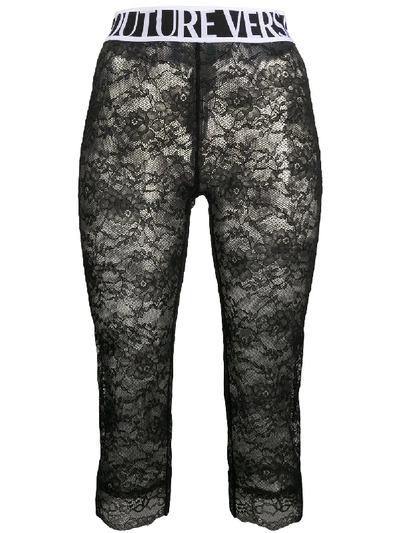 Shop Versace Jeans Couture Cropped Logo-print Lace Leggings In Black