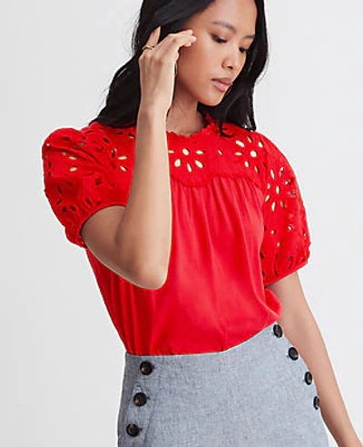 Shop Ann Taylor Petite Eyelet Puff Sleeve Pima Cotton Tee In Red Carnation
