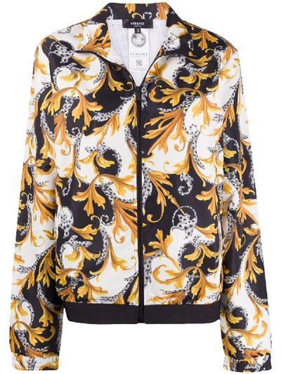 Shop Versace Acanthus-print Zipped Jacket In Gold