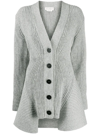 Shop Alexander Mcqueen Peplum Rib-knit Cardigan In Grey