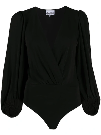 Shop Ganni Puff Sleeves V-neck Bodysuit In Black