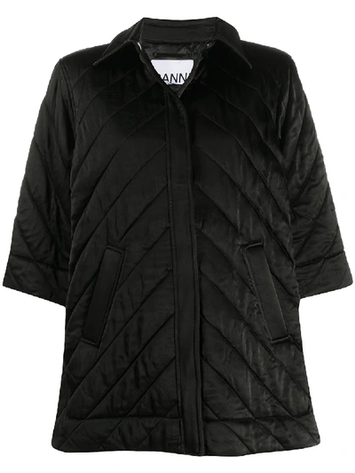 Shop Ganni Satin Half-sleeves Quilted Jacket In Black