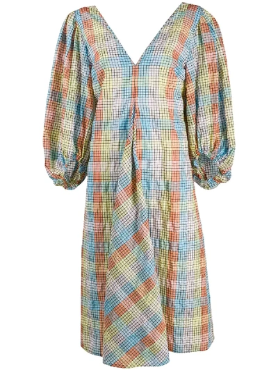 Shop Ganni Seersucker Checkered Puffer Sleeves Dress In Blue