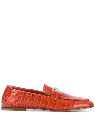 Shop Tod's Double T Crocodile-effect Loafers In Brown